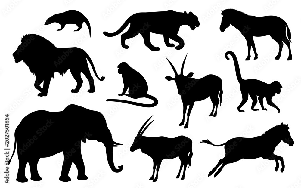 Fototapeta premium Animals of the savannah. Silhouettes of elephant, lion, puma, zebra, monkey, antelope. Design elements of African, tropical, savanna, jungle backgrounds and landscapes. Black isolated silhouette 
