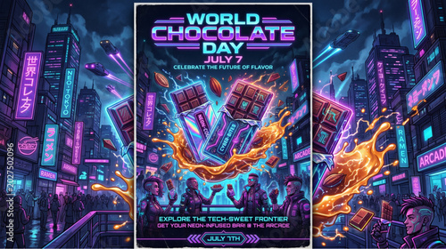 World chocolate day poster with chocolate bars and neon city background