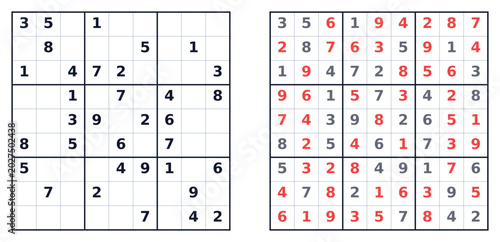 Schilderij op canvas Sudoku puzzle grid with completed solution on the right side