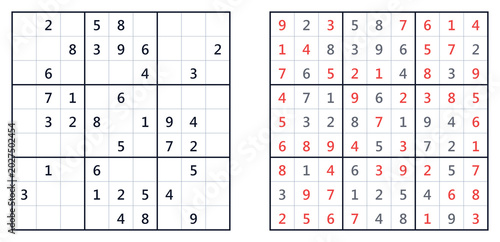Tableau sur toile Sudoku puzzle grids featuring solved and unsolved games
