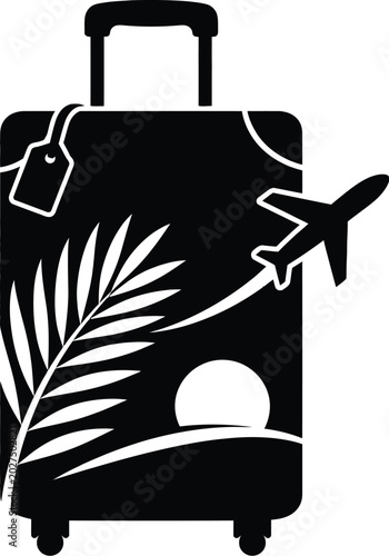 Luxury Tropical Travel Suitcase Black Vector Icon