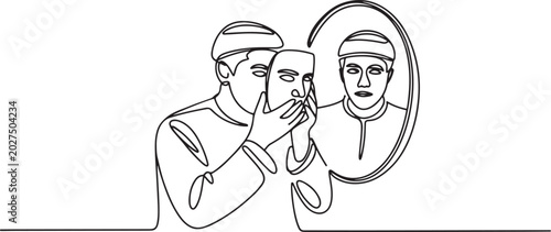 Foto Drawing of arab man putting mask into self reflection concept of impostor syndrome