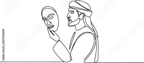 Foto Drawing of arab man putting mask into self reflection concept of impostor syndrome