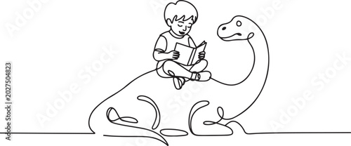 Tableau sur toile Single one line drawing young boy reading book on cute brontosaurus