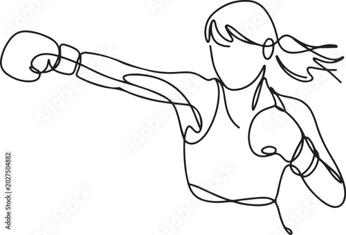 Принти на полотні Single continuous line drawing of young agile woman boxer launch powerful uppercut punch