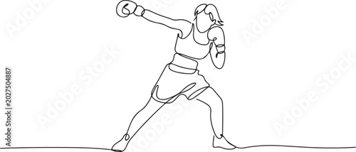 Foto Single continuous line drawing of young agile woman boxer launch powerful uppercut punch