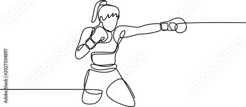 Bild auf Leinwand Single continuous line drawing of young agile woman boxer launch powerful uppercut punch