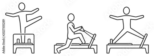 Φωτογραφία pilates workout equipment outline icons with reformer and chair exercise devices