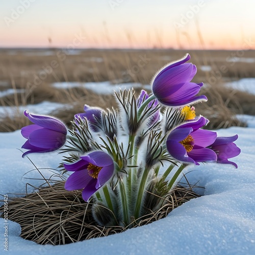 Purple Pasque Flowers Blooming Through Snow in Winter Meadow at Sunset