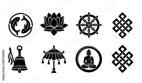 Bild auf Leinwand Minimal Buddhist sacred vector silhouettes with lotus fish Dharma wheel and medi
