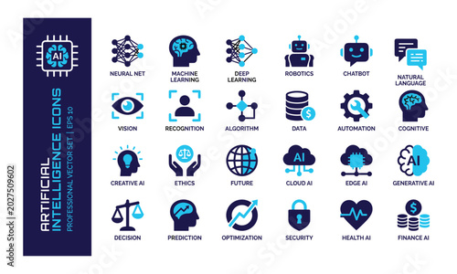Fotografie Artificial intelligence icons set featuring machine learning, deep learning, neural network, robotics, chatbot, automation, cloud computing, and future technology vector elements