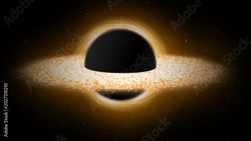 Cosmic black hole with a glowing golden accretion disk of stars and space dust. Deep space astronomical science event horizon animation on a transparent alpha channel background