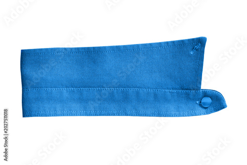 Photos Close-up of blue shirt collar showing seams, buttonhole and fabric texture on isolated background