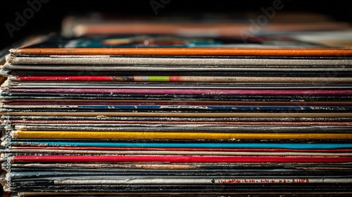 Close-up of stacked vinyl records with colorful edges on black background