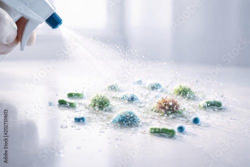 Disinfectant spray killing bacteria and germs on surface with cleaning mist close-up