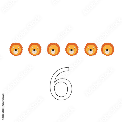 Number 6 Coloring Page with Cute Cartoon Lions for Preschool Math