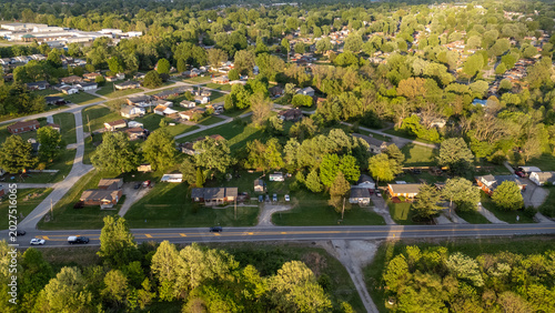 Принти на полотні Aerial view of a green suburban neighborhood with lush trees