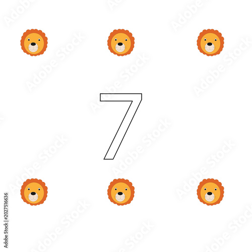 Number 7 Coloring Page with Cute Cartoon Lions for Preschool Math