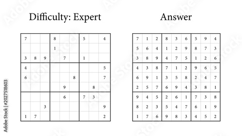 Foto Sudoku puzzle with expert difficulty and solved answer grid