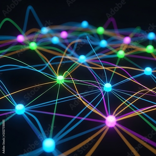 Colorful Glowing Network Nodes Connected by Lines on Dark Digital Background