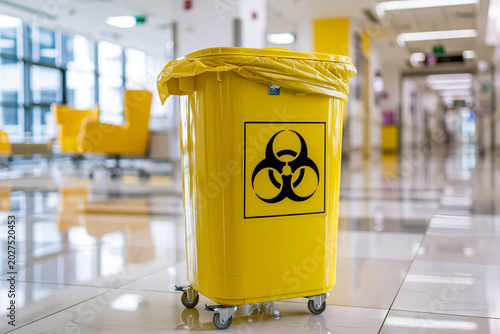 Yellow Medical Biohazard Waste Container on Hospital Floor