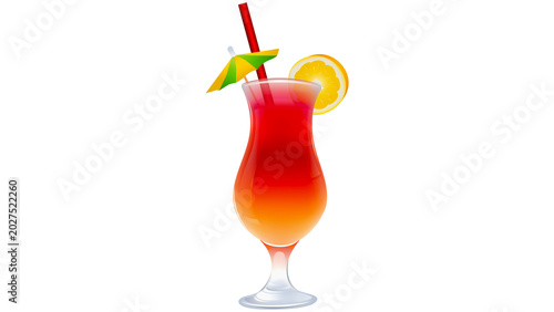 Tropical Sunrise Cocktail: A vibrant layered cocktail, resembling a sunrise, garnished with a citrus slice and a mini umbrella, served in a hurricane glass, perfect for a vacation or a celebration.