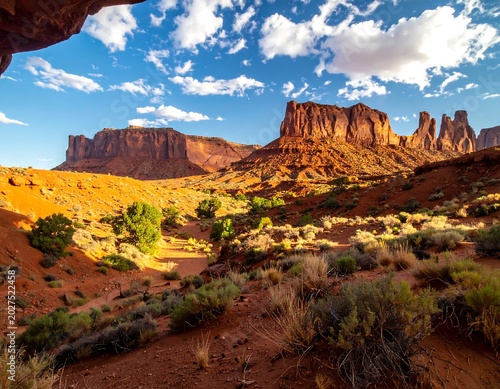 Sunlit Red Rock Desert Buttes Rising Above Arid Valley Under Blue Sky
