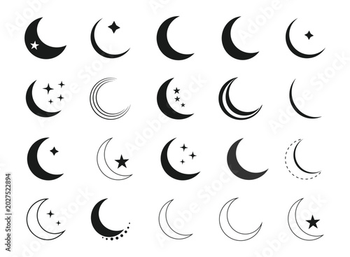 Black Crescent Moon and Star Icon Set