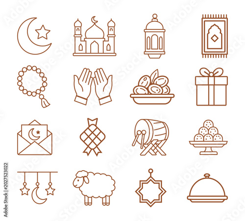Ramadan and Eid Islamic Line Icon Set