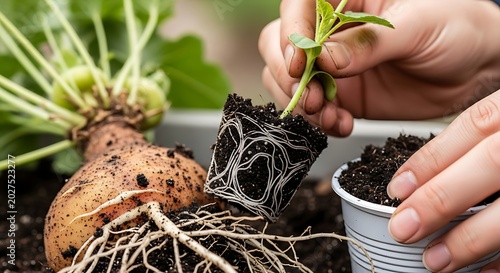 Careful Hands Transplanting Young Seedling with Exposed Roots in Garden Soil