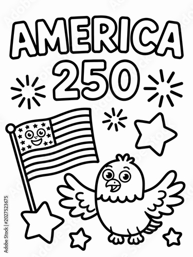 A  coloring page featuring children praying,  an open book, and a smiling American flag.