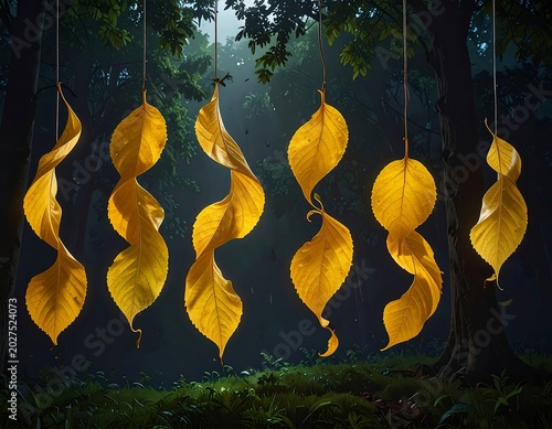Glowing Golden Leaves Hanging in Dark Forest Clearing