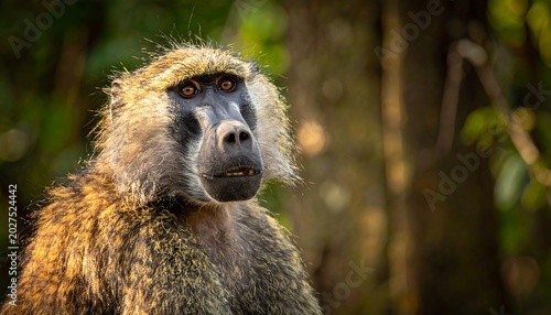 Alert Wild Baboon Sitting in Sunlit Forest Habitat