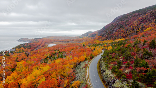 Acadia National Park Loop Road Empty Fall Foliage Aerial Drone Maine