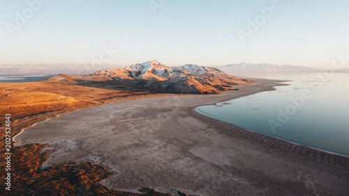 Antelope Island State Park Aerial Snow Mountain Great Salt Lake Utah