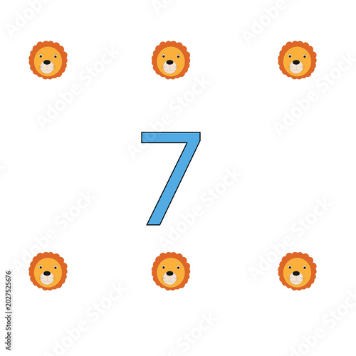 Counting worksheet for 7 with cute cartoon lion illustrations for preschoolers