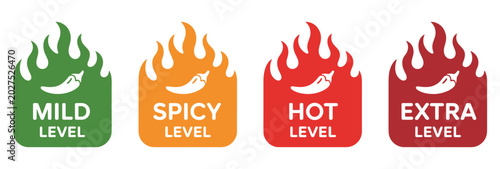 Spicy Heat Level Indicators: Four stylized flames indicate increasing levels of heat from mild to extra hot. food rating, spice level, flavor intensity, pepper scale, culinary warning.