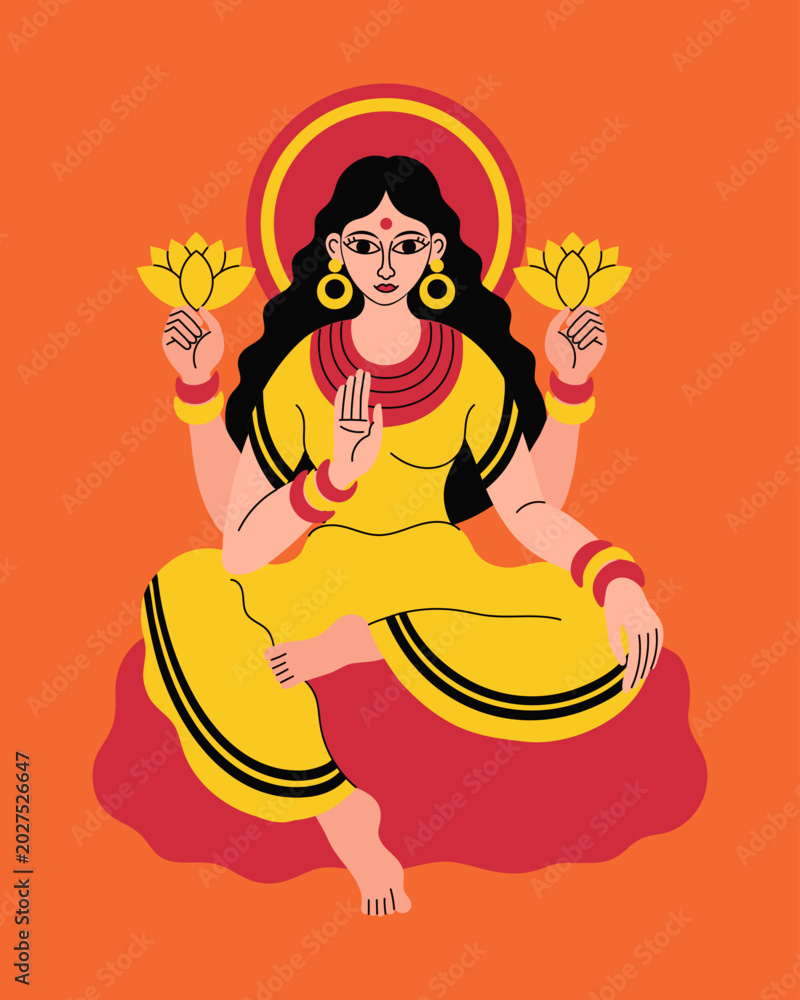 Obraz premium Hindu Goddess Lakshmi in traditional costume with lotus flowers in hands. Colorful illustration.