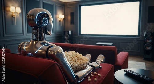 Futuristic humanoid robot relaxing on red sofa eating popcorn while watching blank TV screen in modern living room