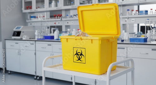 Yellow biohazard sharps container with open lid on medical cart, clinical medical waste and laboratory safety regulation