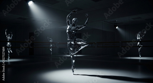 Futuristic humanoid robot ballet dancer performing on dark stage with dramatic spotlight