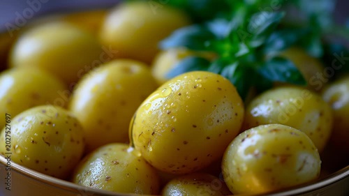 Discovering Yellow Potatoes in a Bowl With Leafy Greens at a Local Market