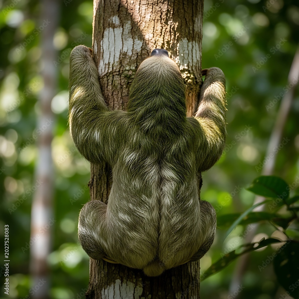 Fototapeta premium Brown Three Toed Sloth Clinging to Tree Trunk in Tropical Forest