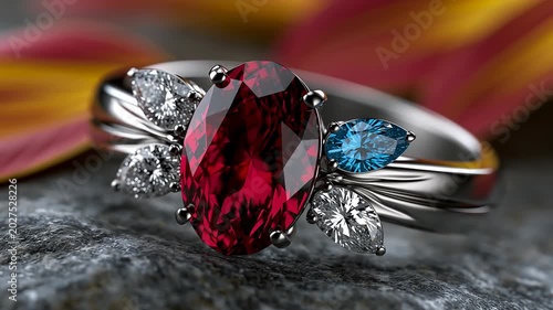 Showcasing Vladekas Ring With a Red Stone and Blue Accents in Four Views