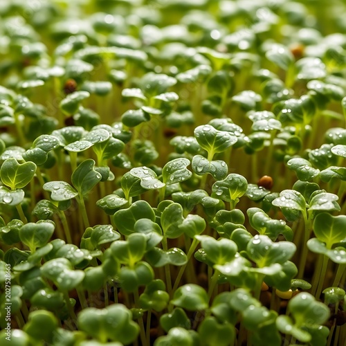 Fresh Green Microgreen Seedling Covered with Dew in Natural Garden Setting