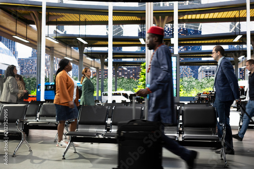 Fényképezés Crowd of travelers in modern station hall waiting for interstate departures