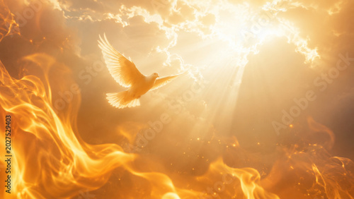 Holy Spirit white dove flying from heaven in dramatic golden light rays and burning fire flames. Pentecost sunday biblical background, christian concept of divine inspiration, faith and hope.