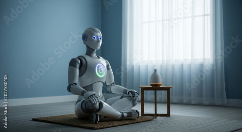 Futuristic humanoid robot meditating in minimalist sunlit room with zen decor