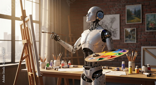 Futuristic humanoid robot painting on canvas in sunlit artist studio with creative tools