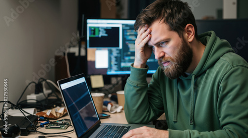 Stressed programmer working on code at night. Frustrated developer looking at laptop screen in dark office
